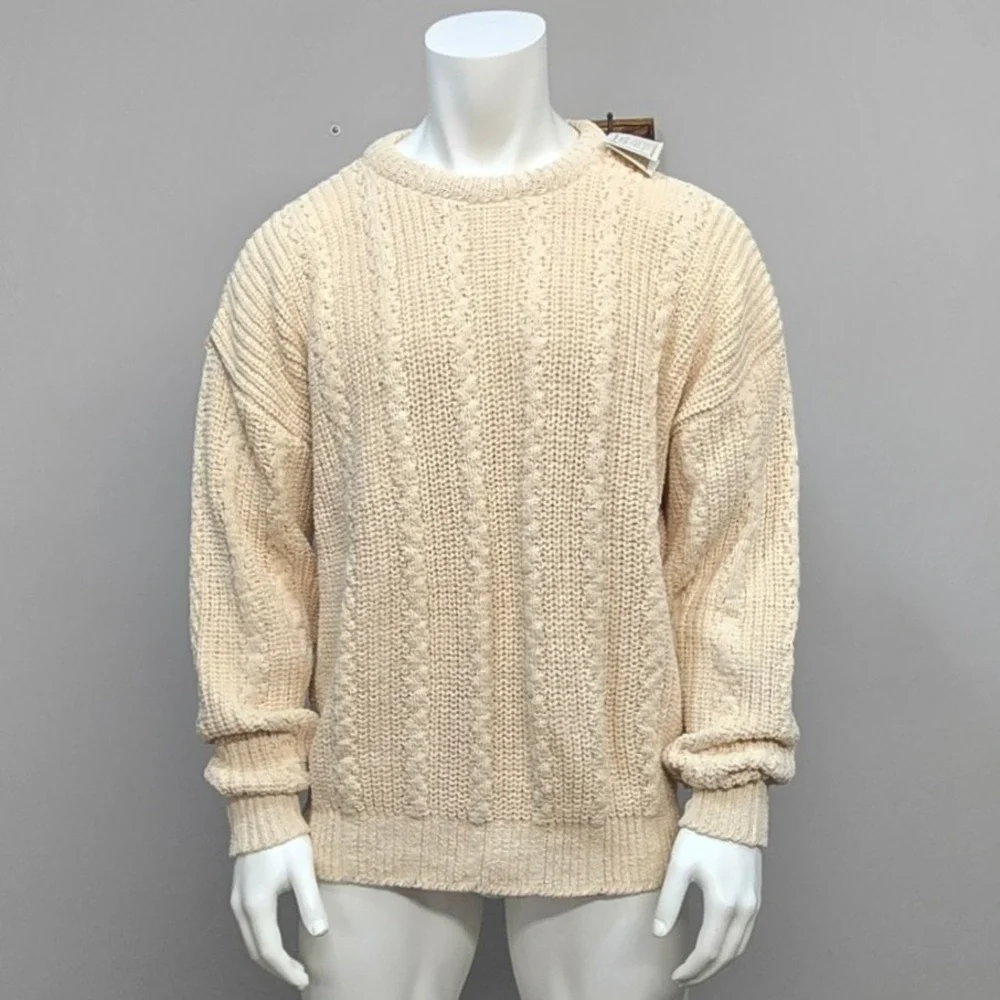 Vintage 80s Mens Cable Knit Sweater XL Cream Cotton Made in USA Chunky Fisherman